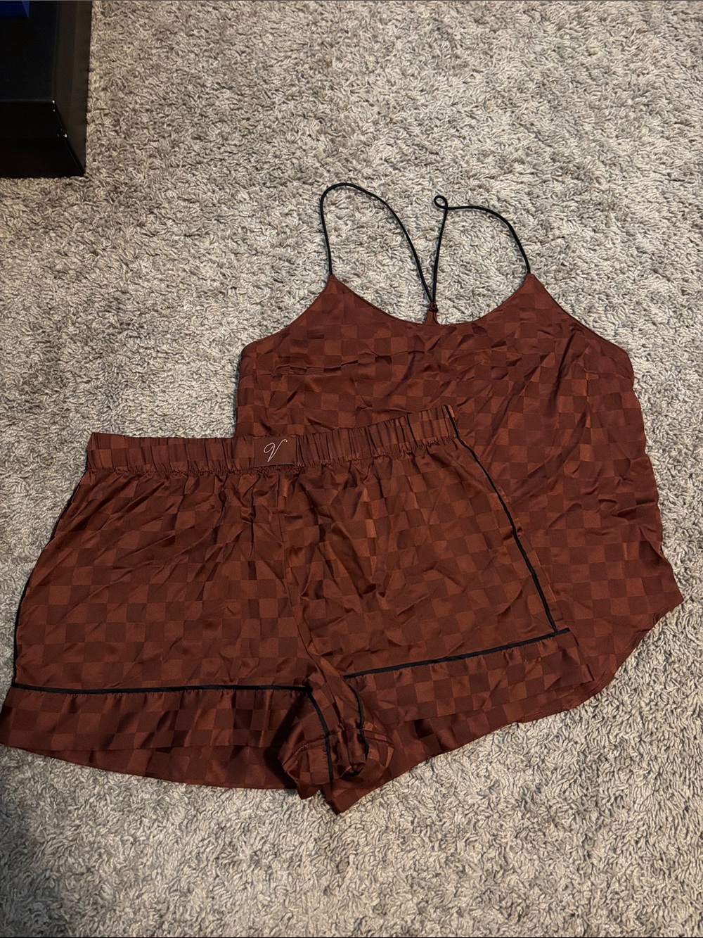 Victoria's Secret Brown Checker Satin Cami & Shorts Pajama Set